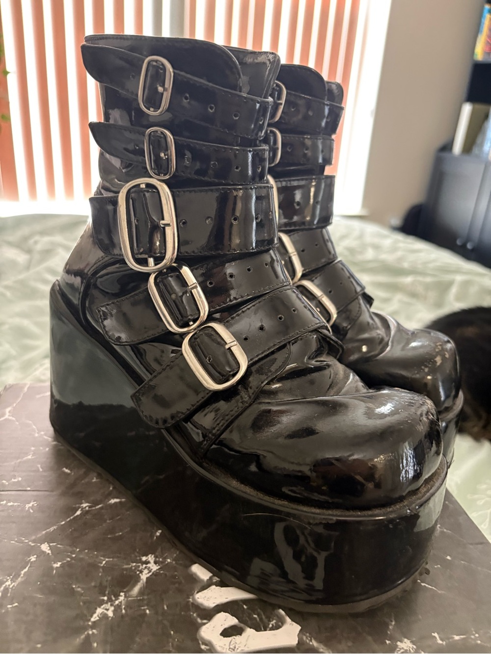 Demonia Black Patent Platform Buckle Ankle Boots